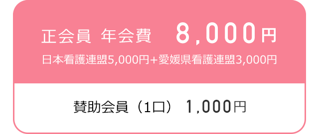 正会員 年会費8,000円 日本看護連盟5,000円+愛媛県看護連盟3,000円/賛助会員（1口）1,000円